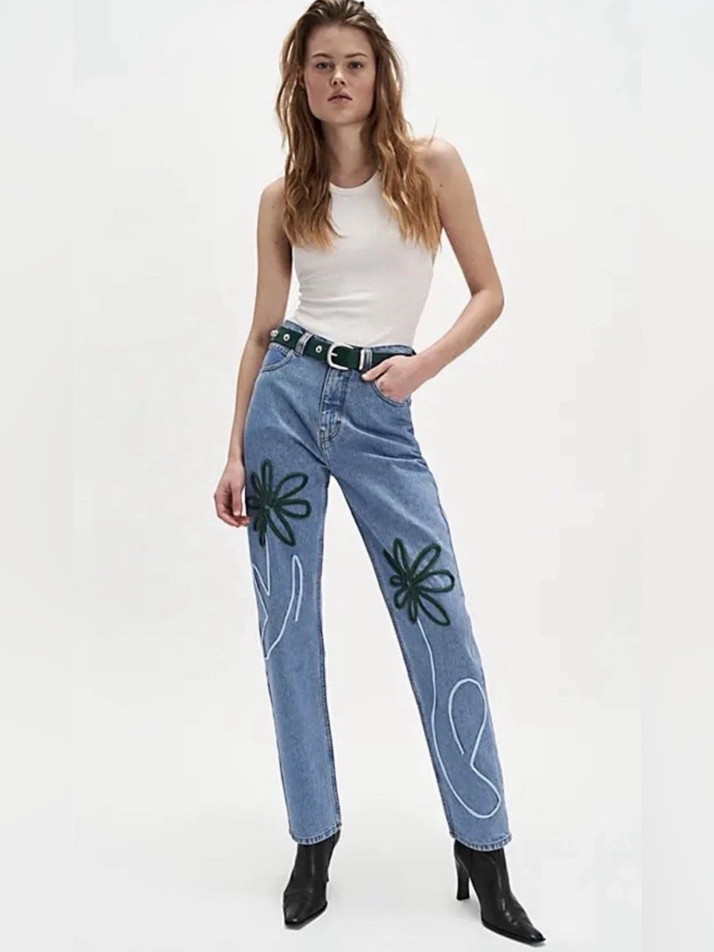 Free People Fanfare Fauna Piping Jeans Embroidered Floral Zip Pockets Blue